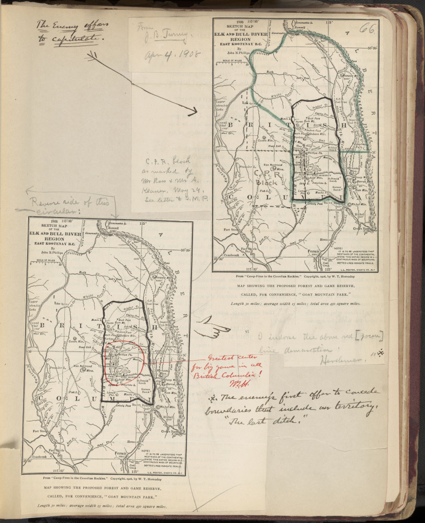 Page describing the plans of "the enemy" (i.e. those who disagreed with Hornaday's vision for a game preserve in British Columbia). In Hornaday Wildlife Scrapbook Collection, Vol. 1. WCS Archives Collection 1007.