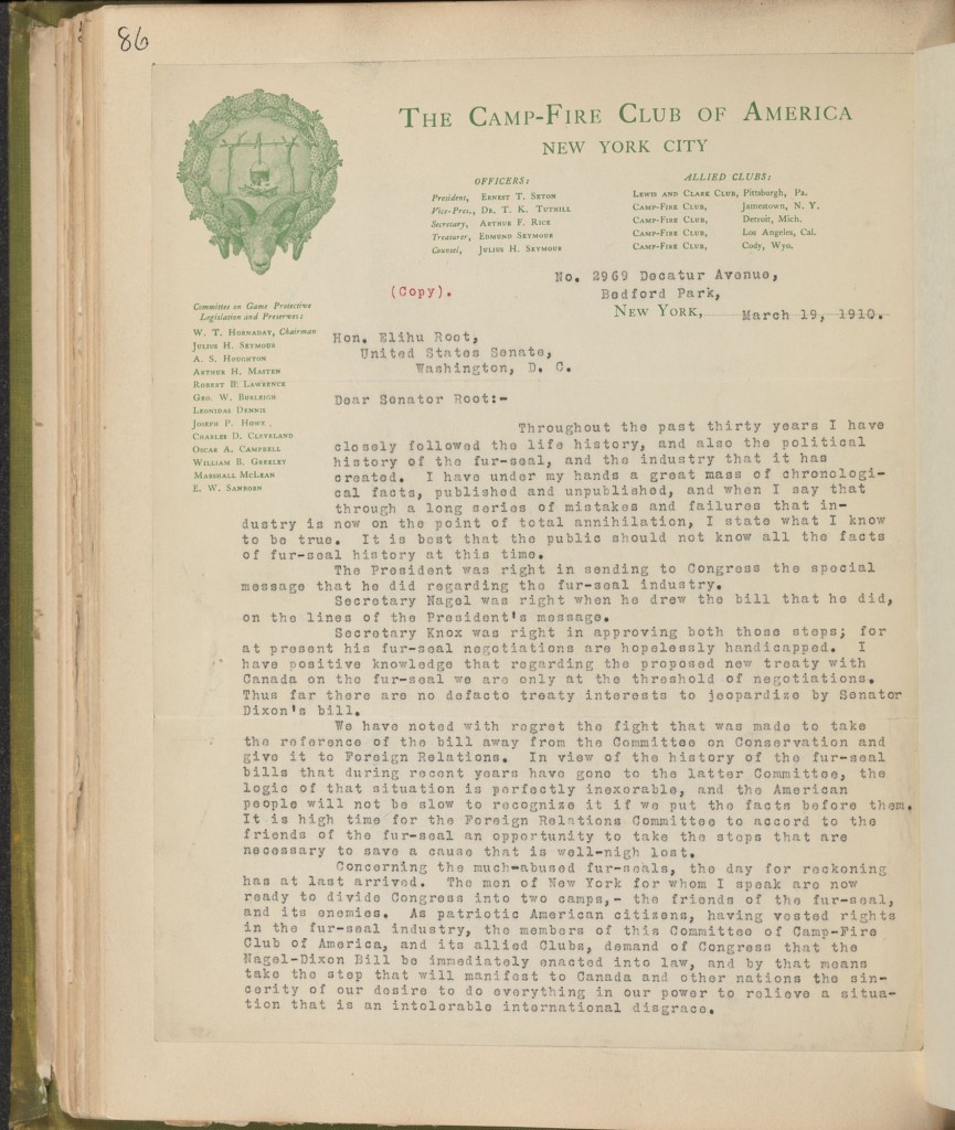 Letter from Hornaday to Elihu Root, 1910. Hornaday Wildlife Scrapbook Collection, Vol. 4. WCS Archives Collection 1007.