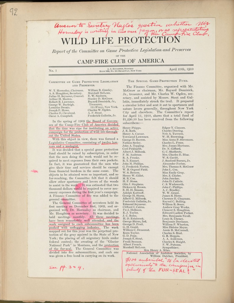 Wildlife Life Protection. CFCA Report, 1910. In Hornaday Wildlife Scrapbook Collection, Vol. 4. WCS Archives Collection 1007.