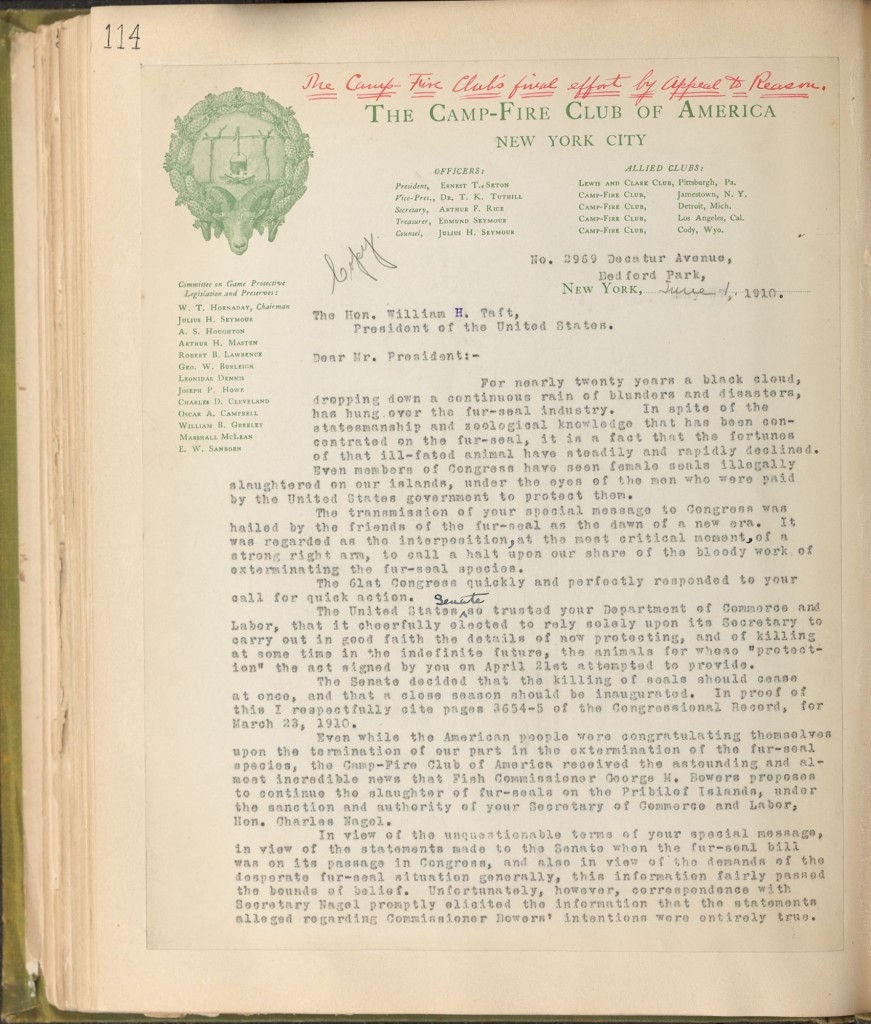 Letter from Hornaday to President Taft, 1910. In Hornaday Wildlife Scrapbook Collection, Vol. 4. WCS Archives Collection 1007.