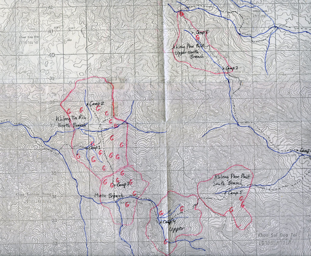 Warren Y. Brockelman’s annotated map of pileated gibbon research area in the Khao Soi Dao Wildlife Sanctuary, Chanthaburi, Thailand, 1977.