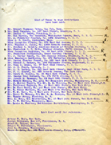 List of invitees to the Lion House Artists' Studio Opening, 1903. In WCS Archives Collection 1001.