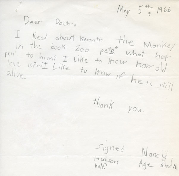 A child's letter to Dr. Gandal, 1966. WCS Archives Collection 2029.