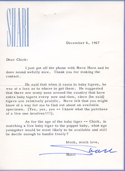 A letter from puppeteer and children's TV show host, Shari Lewis, 1967. WCS Archives Collection 2029.