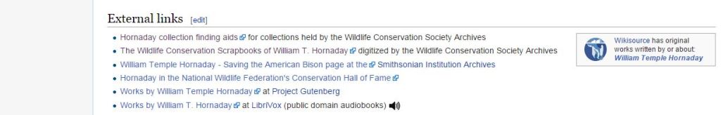 Example of a link to the WCS finding aids from the William Hornaday Wikipedia entry.