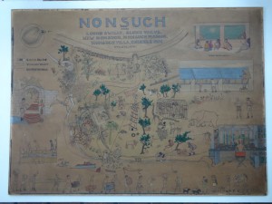 Pre-conservation treatment photo of Helen Tee-Van's illustration "Nonsuch, Alias...", depicting the facilities and inhabitants of William Beebe's Department of Tropical Research station on Nonsuch Island, Bermuda