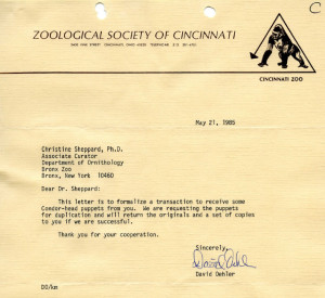 May 21, 1985 letter from David Oehler to Christine Sheppard regarding condor puppet loan