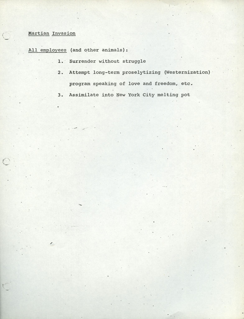 Last page of the Bronx Zoo's 1974 draft Emergency Procedures Manual, describing protocol for a Martian attack. Scanned from WCS Collection 2010/Safety Committee.