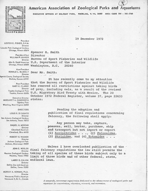 Letter from F. Wayne King, Chairman of the American Association of Zoological Parks and Aquariums’ Wildlife Conservation Committee, to the Bureau of Sports Fisheries and Wildlife, United States Department of the Interior, 1972. Scanned from WCS Archives Collection 2018.