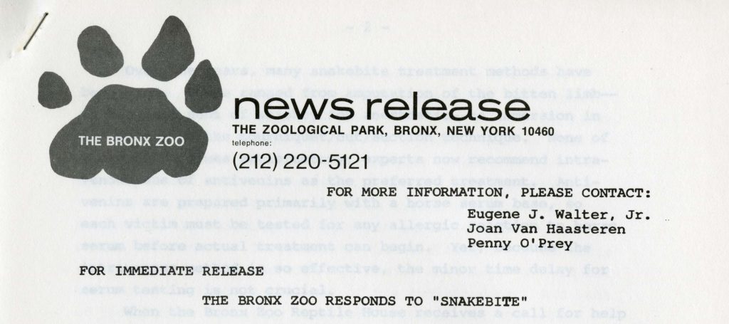 Bronx Zoo press release, circa 1970s. Scanned from WCS Archives Collection 2032.